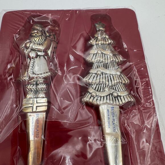 Vintage Wallace Salad Serving Set Silverplate Santa and Tree 1998 NOS - Picture 2 of 7